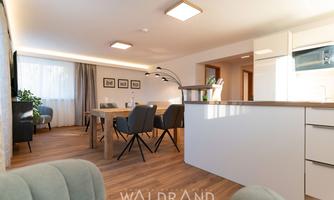 A modern apartment with an open living and dining area. Bright colors and stylish furniture create an inviting atmosphere.