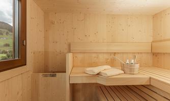 A wooden-paneled sauna with benches and a small bucket. Through a window, you can see the green landscape outside.