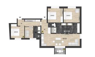 A floor plan of an apartment with several rooms, a living room, and bathrooms. The rooms are clearly arranged and exhibit a modern style.