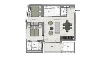 A floor plan of an apartment with an open living area, a kitchen, and two bedrooms. It also shows a bathroom and a balcony.