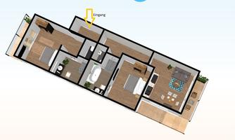 A graphical representation of an apartment with several rooms. The entrance area is clearly marked.
