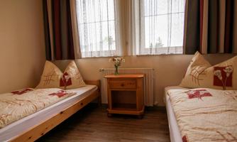 A cozy bedroom with two single beds. By the window stands a small table with a vase and fresh flowers.
