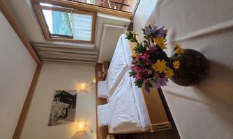 A cozy hotel room with two single beds and a bouquet of flowers on the table. Large windows offer a view of the surroundings.