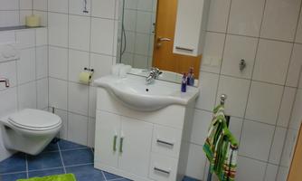 A modern bathroom with a white sink and a mirror. A green carpet is on the floor, and cosmetic products are next to the sink.