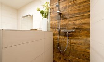 A modern shower with wood paneling and an elegant shower head. In the background, there is a vase with plants.