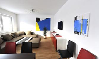 A modern living room with a beige couch and a rectangular table. Two colorful paintings hang on the wall and there is a television.