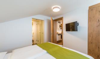 A modern bedroom with a double bed and a green blanket. In the background, a door to a bathroom and a small television on the wall are visible.