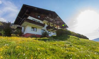 A charming house surrounded by blooming meadows. The sun shines brightly and illuminates the landscape.
