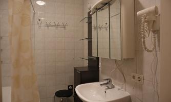 A small bathroom with a sink, a mirror, and a towel rack. A shower and a hairdryer are hanging on the wall.