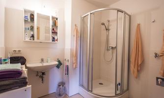 A modern bathroom with a shower in a glass cubicle. Towels hang on the wall, and there is a sink as well as a mirror.