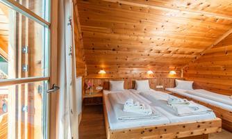 A cozy room with two single beds and wooden paneling. The windows provide natural light and an inviting atmosphere.