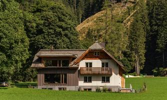 A beautiful house in the midst of a green meadow, surrounded by tall trees and mountains. The architecture combines traditional and modern elements.
