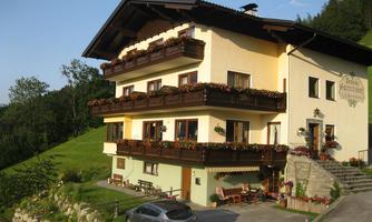 A cozy country house with flower boxes on the balconies. It is situated surrounded by green meadows and trees.