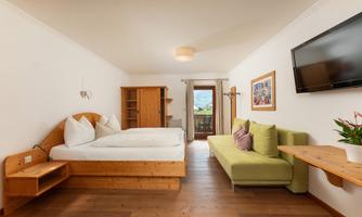 A cozy room with a double bed, a sofa, and a television. Large windows offer a view outside to the beautiful nature. The room also includes a small additional balcony and has its own small bathroom.