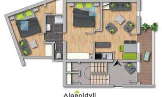 A modern apartment with two bedrooms, a living room, and a kitchenette. The floor plan also features a balcony area.