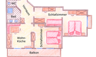 A simple floor plan diagram of an apartment. The rooms include a living room with kitchen, bedroom, bathroom, and balcony.