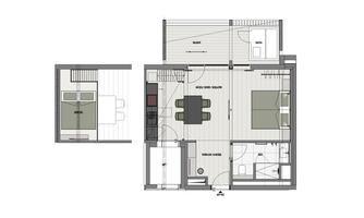 A simple floor plan drawing of an apartment. The room shows a bedroom, a living room with dining area, and a bathroom.