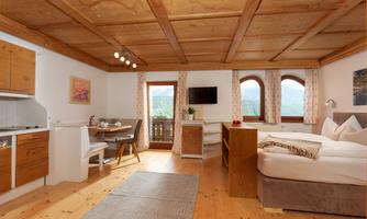 A cozy room with a wooden ceiling, a small kitchen, and a dining area. Large windows provide a direct view of the Dachstein, the surrounding mountains, and the beautiful nature. A balcony with seating is also available.