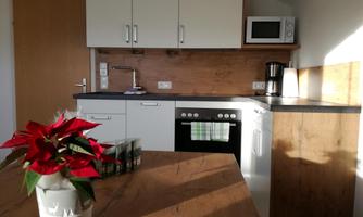 A modern kitchen with wooden and white cabinets. On the table, there is a flower pot with a red plant.