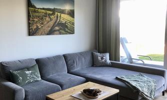 A modern living room with a gray sofa and a wooden table. Large windows let in a lot of light and provide a view of nature.