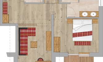 A simple apartment floor plan with one bedroom, one bathroom, and a living room. The space is bright and well-structured with furniture drawn in.