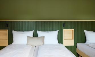 A modern bedroom with two single beds and a calm green wall. The decor is minimalist and inviting.