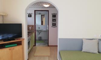 A cozy apartment with a television, a green couch, and a modern kitchenette. In the background, a bathroom is visible.