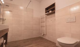 A modern bathroom with simple fixtures. There is a shower, a toilet, and a towel radiator mounted on the wall.