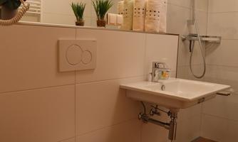 A modern bathroom with a toilet and a sink. The walls are bright, and there are plants and decorative accessories.