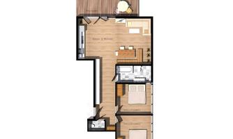 A floor plan sketch of an apartment with two bedrooms, a living room, and a terrace. The space is designed to be bright with wooden floors.