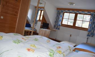 A cozy bedroom with two beds and a flower-patterned duvet. In the background, a mirror and a desk with a computer are visible, as well as large windows with blue curtains.