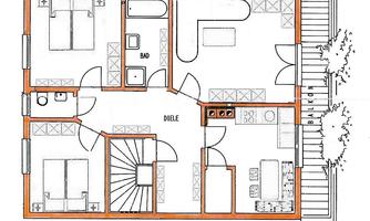 A simple floor plan drawing of a house with several rooms. The rooms include a bathroom, an entrance hall, a kitchen, and two bedrooms.