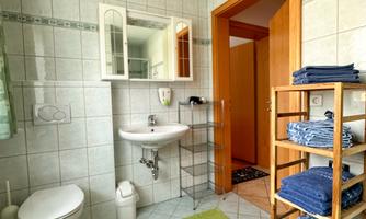 A modern bathroom with a sink and a toilet. Towels and rugs in various colors are neatly stored.