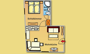 A floor plan of an apartment with a bedroom, bathroom, and living kitchen. The furniture is depicted schematically.