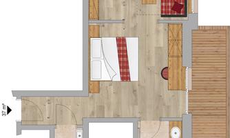 A schematic representation of an apartment with one bedroom, bathroom, and a living area. The decor is simple and functional, with wooden shelves and a rustic style.