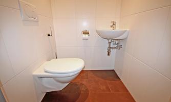 A small, modern bathroom with a toilet and a sink. The walls are tiled and the floor is brown.