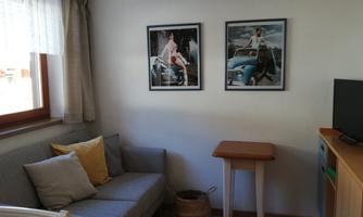 A cozy living space with a sofa and two pictures on the wall. A TV and a small table complete the interior.