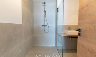 A modern bathroom with a glass shower cubicle and a sink. The walls are simple and in neutral colors.