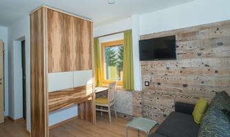 A modern room with wood paneling and large windows. There is a table, a television, and a comfortable sofa.