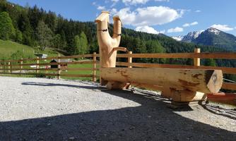 A wooden sculpture shaped like a glove stands in a picturesque landscape. In the background, green meadows and tall mountains can be seen.