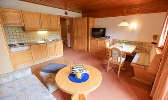 A cozy living space with a wooden ceiling and a small dining area. The kitchen is well-equipped and there is a sofa as well as a table in the middle.