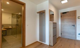 A modern entrance area with wood details and a designated space for clothing. To the right, a bathroom with a glass shower is visible.