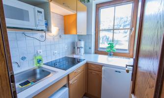 A bright kitchen with modern appliances and a window that lets in daylight. A small plant is on the countertop.