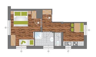 A floor plan drawing of an apartment with two bedrooms, one bathroom, and a kitchen. The floor is designed in a wood look, and the furniture is schematically drawn.