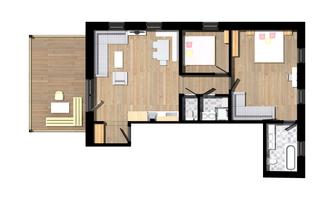 An open floor plan representation of an apartment with multiple rooms. The graphic shows living and sleeping areas as well as a bathroom.