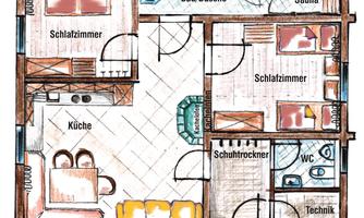 A floor plan-style representation of an apartment. The rooms include a kitchen, two bedrooms, a bathroom with shower, a sauna, and a technical room.