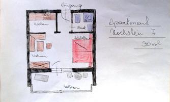 A simple floor plan drawing of an apartment with various rooms such as kitchen, bathroom, bedroom, and balcony. The area is 30 m².