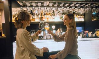 Two women clink glasses while sitting at a stylish bar. Bottles and glasses are clearly visible in the background, creating an inviting atmosphere.
