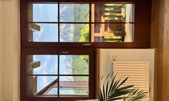 A window with a wooden frame that overlooks a beautiful mountain landscape. In the foreground, a plant and a radiator are visible.