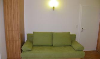 A green couch is in front of a light wall. Next to the couch is a wooden cabinet and a door leads outside.